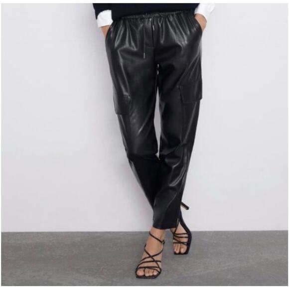 Zara Black Faux Leather Drawstring Oversized Jogger Cargo High Waist Pants XS - Picture 1 of 8
